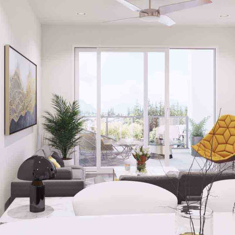 Living room 3d render image from the Garrison Central Condominium 3D walkthrough in Canada.