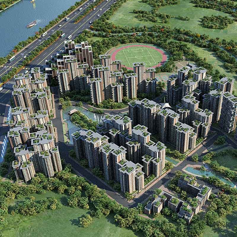 Aerial view rendering from township 3d walkthrough for Omega Island, Dhaka, Bangladesh