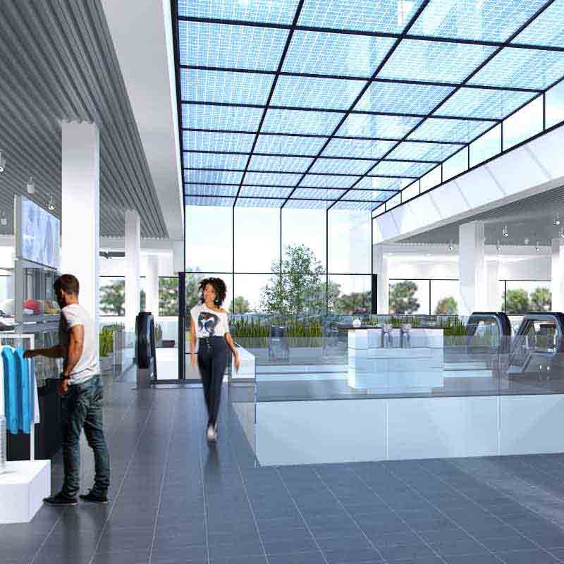 Mezzanine floor interior view shown in Porsche showroom's 3D walkthrough video.