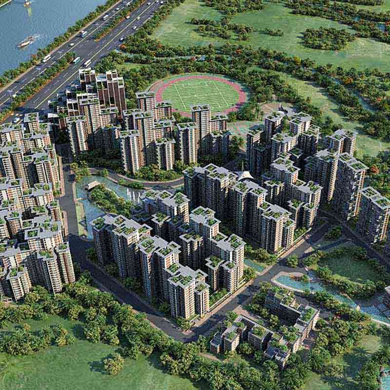 3D render view showing an aerial view of the Omega Island township in Dhaka, Bangladesh.